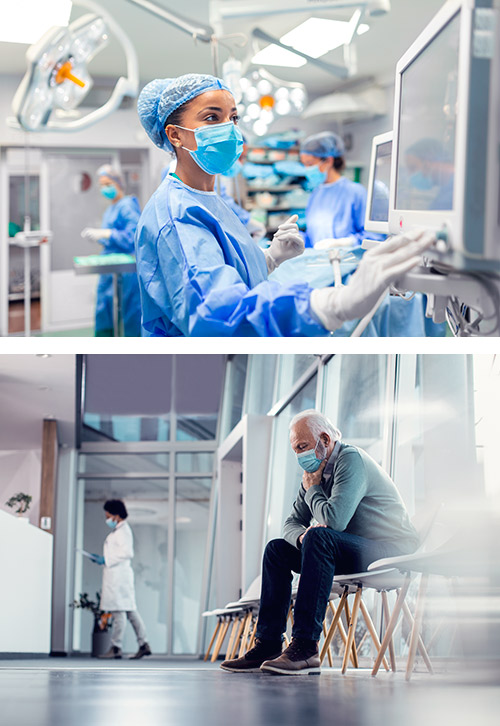 Una médico en quirófano (© stefanamer · iStock) y un paciente esperando (© Drazen Zigic · iStock)